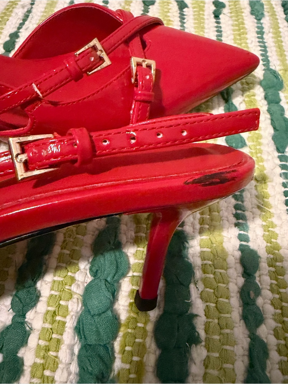 Red Patent Kitten Heels with Gold Buckle Straps - Picture 4 of 4